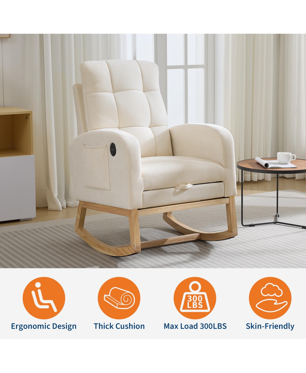 Rocking Chair, Linen Upholstered Glider Armchair for Nursery | Modern Rocker with Footrest, Side Pocket and Usb Ports for Living Room Bedroom
