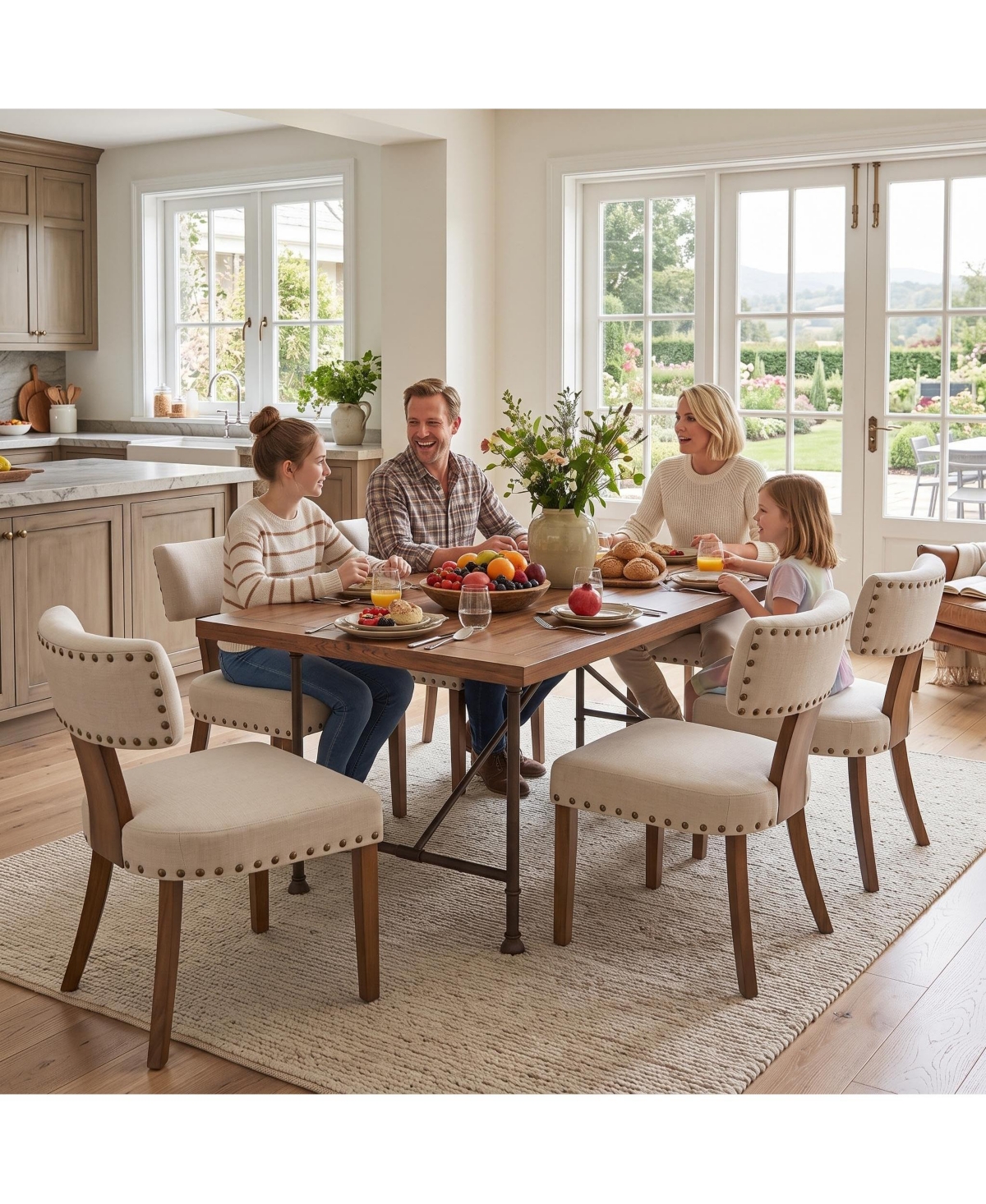 Set of 6 Mid-Century Upholstered Dining Chairs, Linen Covered Accent Chairs with Nailhead Trim, Curved Backrest and Wooden Legs for Kitchen, Home
