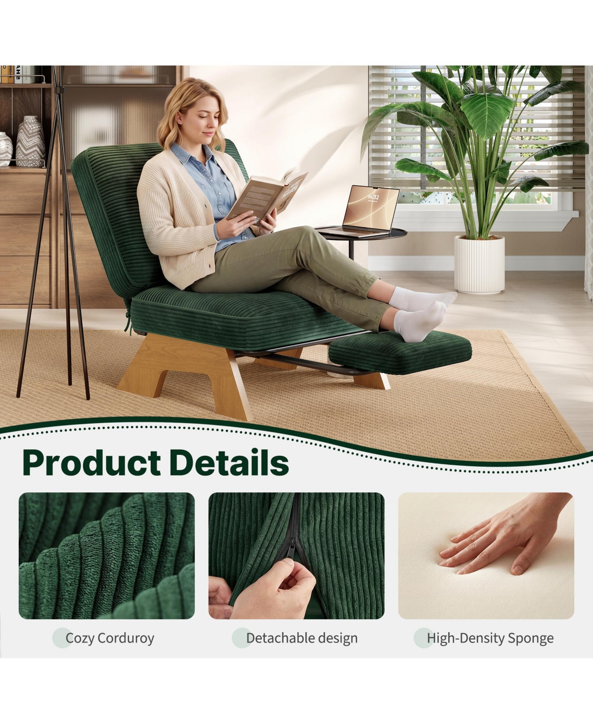 Accent Chair, Corduroy Upholstered Armchair for Living Room | Adjustable Backrest with Pull-Out Footrest, Rubberwood Frame for Bedroom