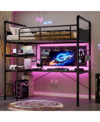 Loft Bed Twin Size Metal Heavy Duty with L-Shaped Desk and Storage Shelves High Guardrail Ladder 400 lbs Capacity Space-Saving for Bedroom Dorm Black