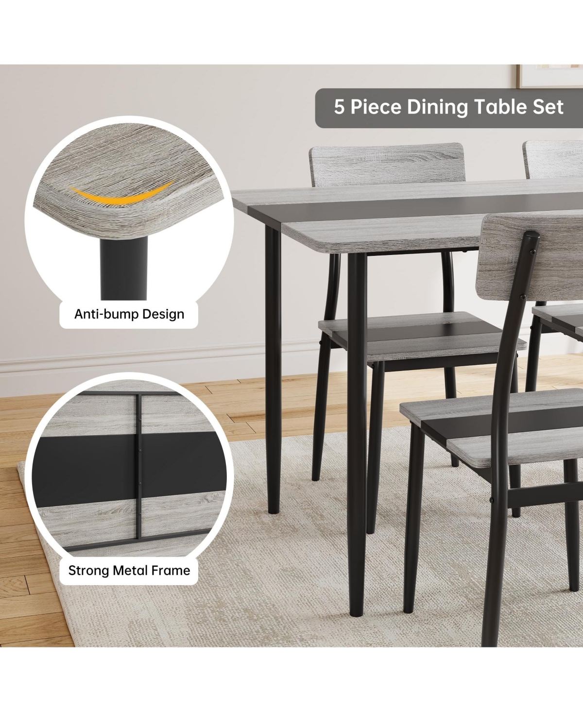5-Piece Dining Table Set for 4, Compact Rectangular Kitchen Dining Room Table and Chair Set for Breakfast Nook, Afternoon Tea, Gray and Black