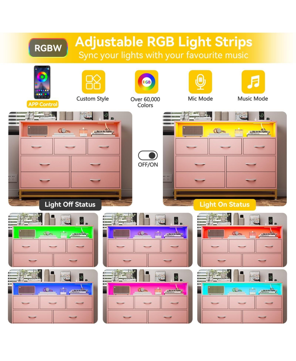 47 x 16 x 41 in 7 Drawer Dresser with Led Lights and Outlets, Engineered Wood Chest of Drawers with Compartments for Bedroom, Pink