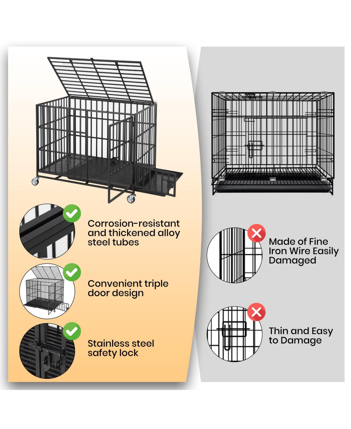 Large Heavy Duty Dog Crate, Large Metal Wire Kennel with Double Doors for Medium Large Dogs, Foldable with Removable Tray
