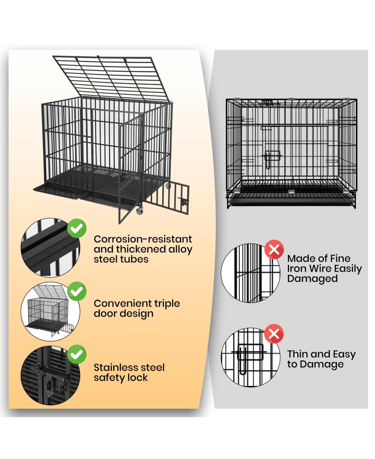Large Heavy Duty Dog Crate, Large Metal Wire Kennel with Double Doors for Medium Large Dogs, Foldable with Removable Tray