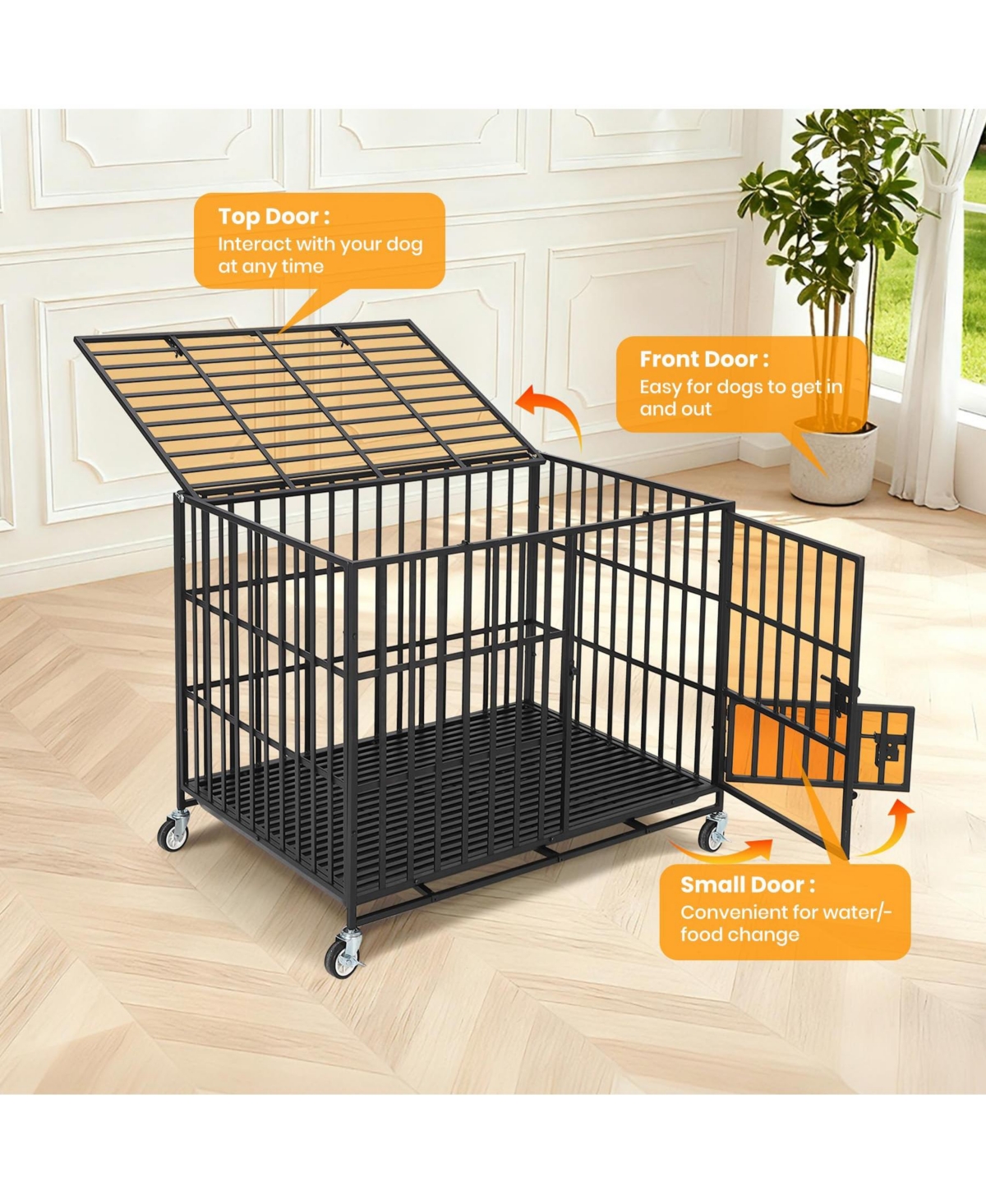 Large Heavy Duty Dog Crate, Large Metal Wire Kennel with Double Doors for Medium Large Dogs, Foldable with Removable Tray