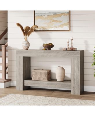 47.2" Farmhouse Console Table with H-Base, 2-Tier Entryway Sofa Table for Living Room,Light Grey
