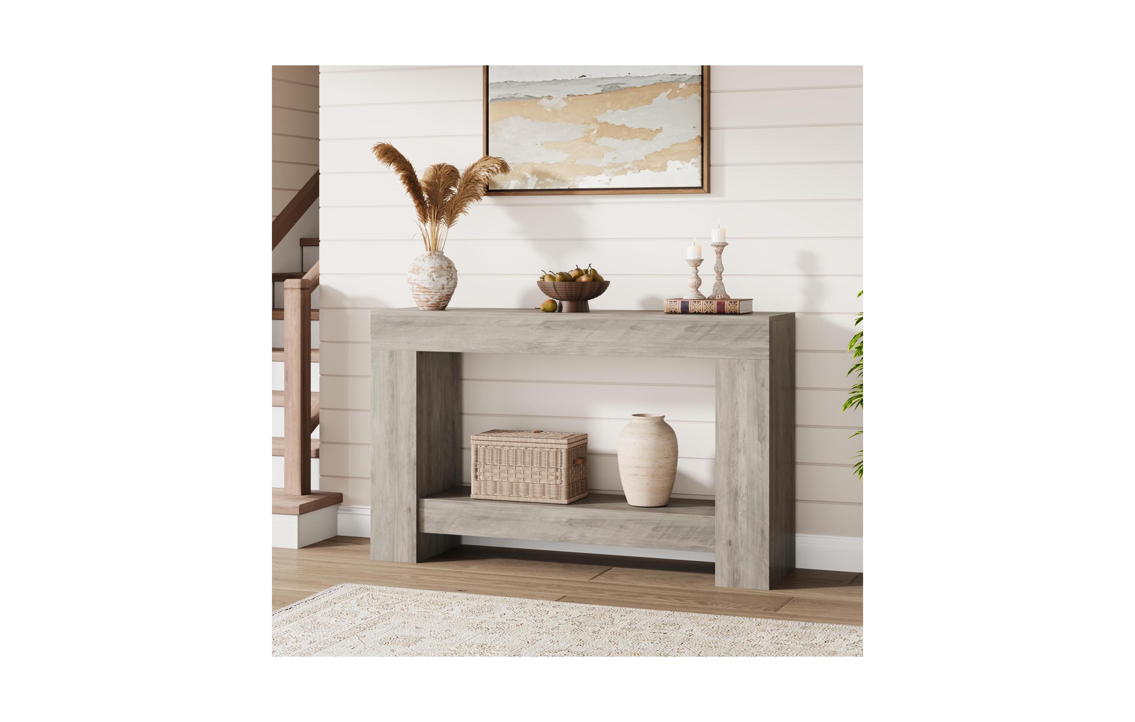 47.2" Farmhouse Console Table with H-Base, 2-Tier Entryway Sofa Table for Living Room,Light Grey