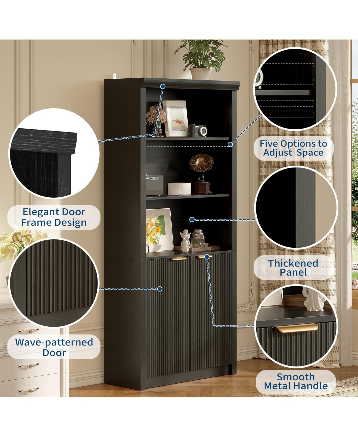 31.5 x 14 x 71 in Pack of 2 Storage Cabinet with Doors and Shelves, Engineered Wood Bookcase with Crown Molding for Living Room, Black