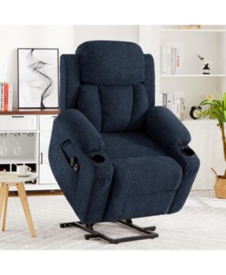 Oversized Chenille Power Lift Recliner with Heat, Massage and Memory Remote, USB, Cup Holders,Blue
