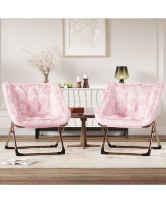 Folding Saucer Chairs Set of 2 Comfy Faux Fur Lazy Chair with Metal Frame 300 lb Capacity No Assembly Required for Bedroom Dorm Apartment