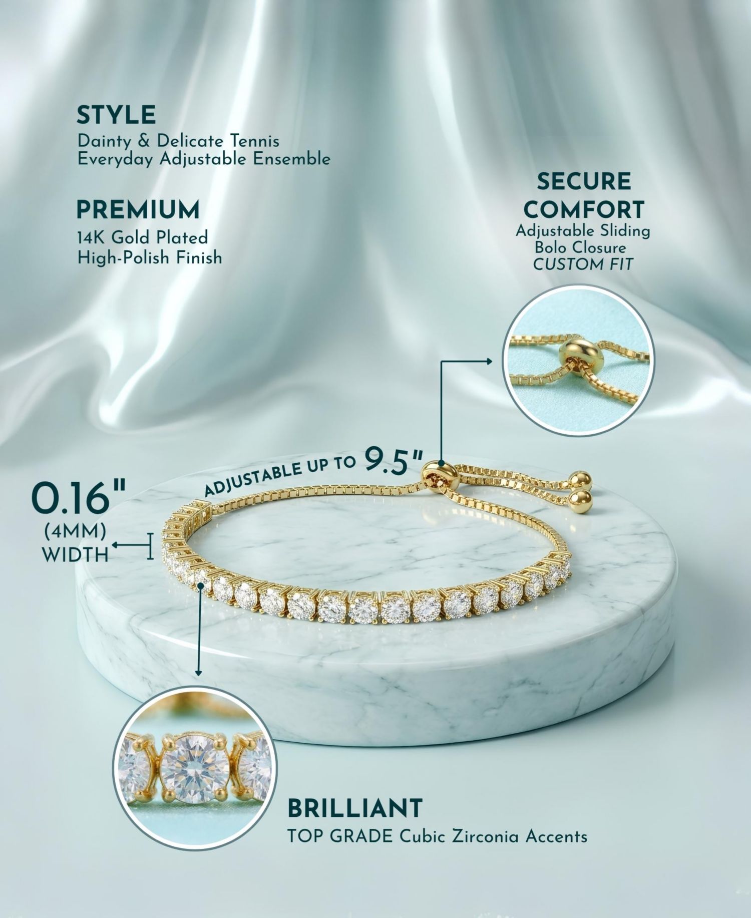 Delicate Cubic Zirconia Bolo Adjustable Tennis Bracelet
