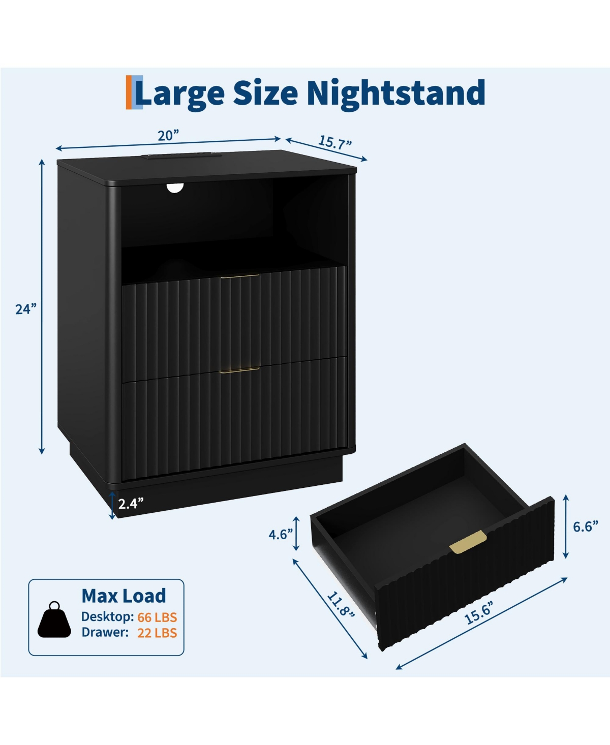 Set of 2 Black Mid-Century Fluted Nightstands with Charging and Led, 2 Drawers, 20"W x 15.7"D x 24"H