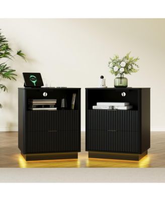 Set of 2 Black Mid-Century Fluted Nightstands with Charging and LED, 2 Drawers, 20"W x 15.7"D x 24"H