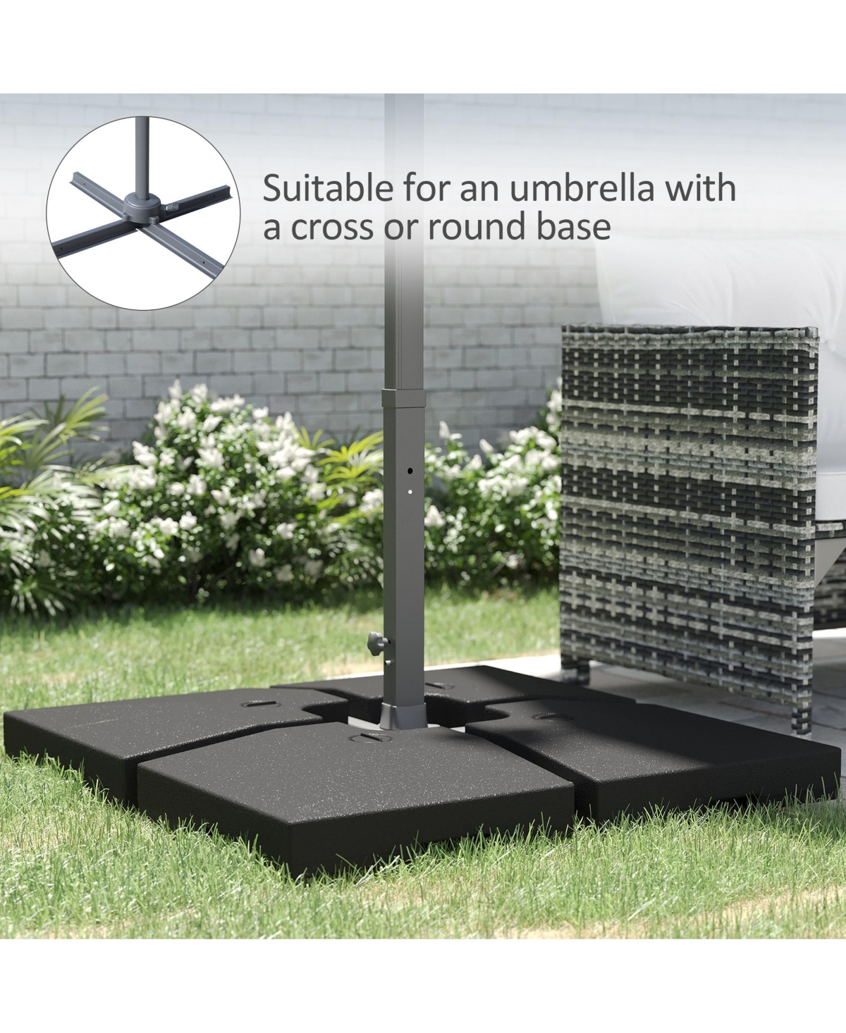 Outsunny 4 Pieces Cantilever Patio Umbrella Base, Outdoor Offset Umbrella Weights, 176 lbs Capacity Water or 264 lbs Capacity Sand Plates Set, Black