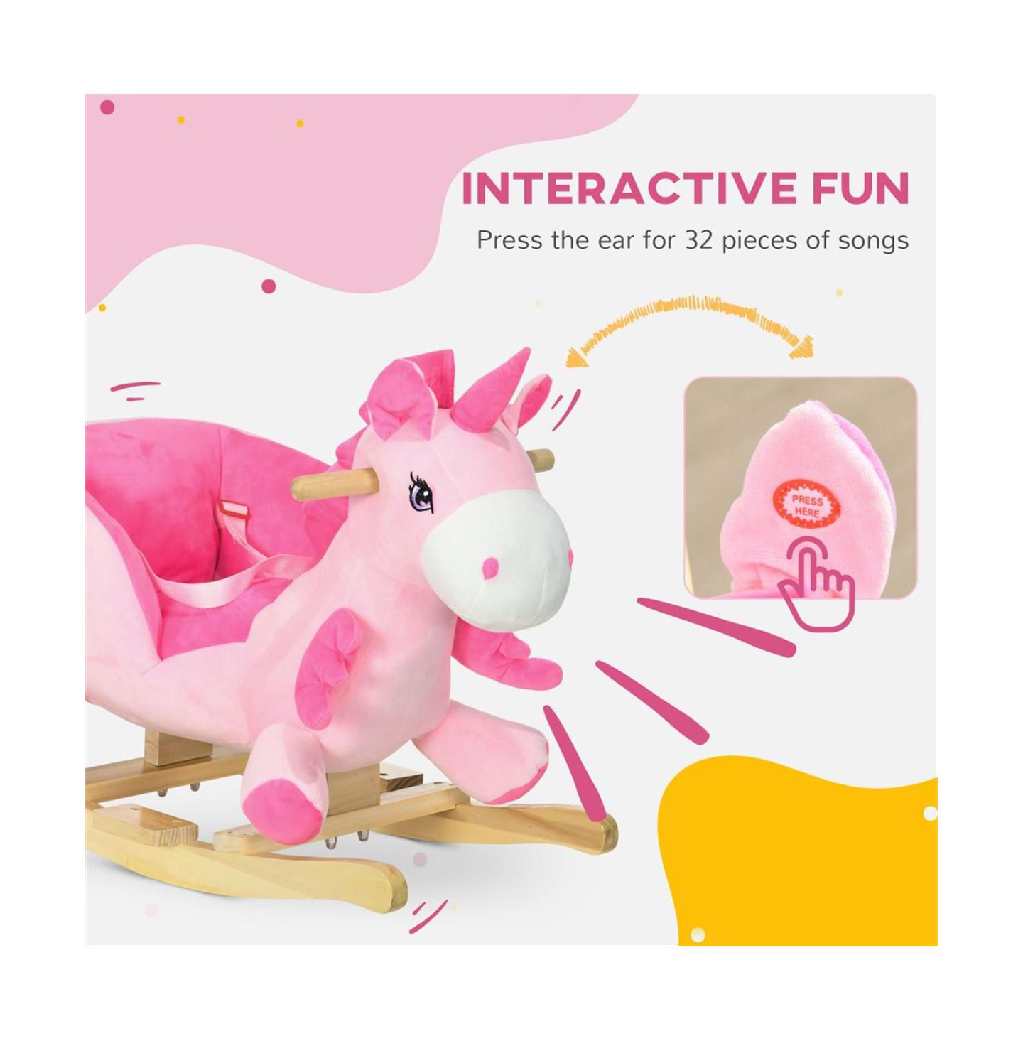 YOBTOP Baby Rocking Horse, Ride on Unicorn with 32 Songs, Toddler Rocker Toy with Wooden Base Seat Safety Belt, цвет: Розовый — фото 7