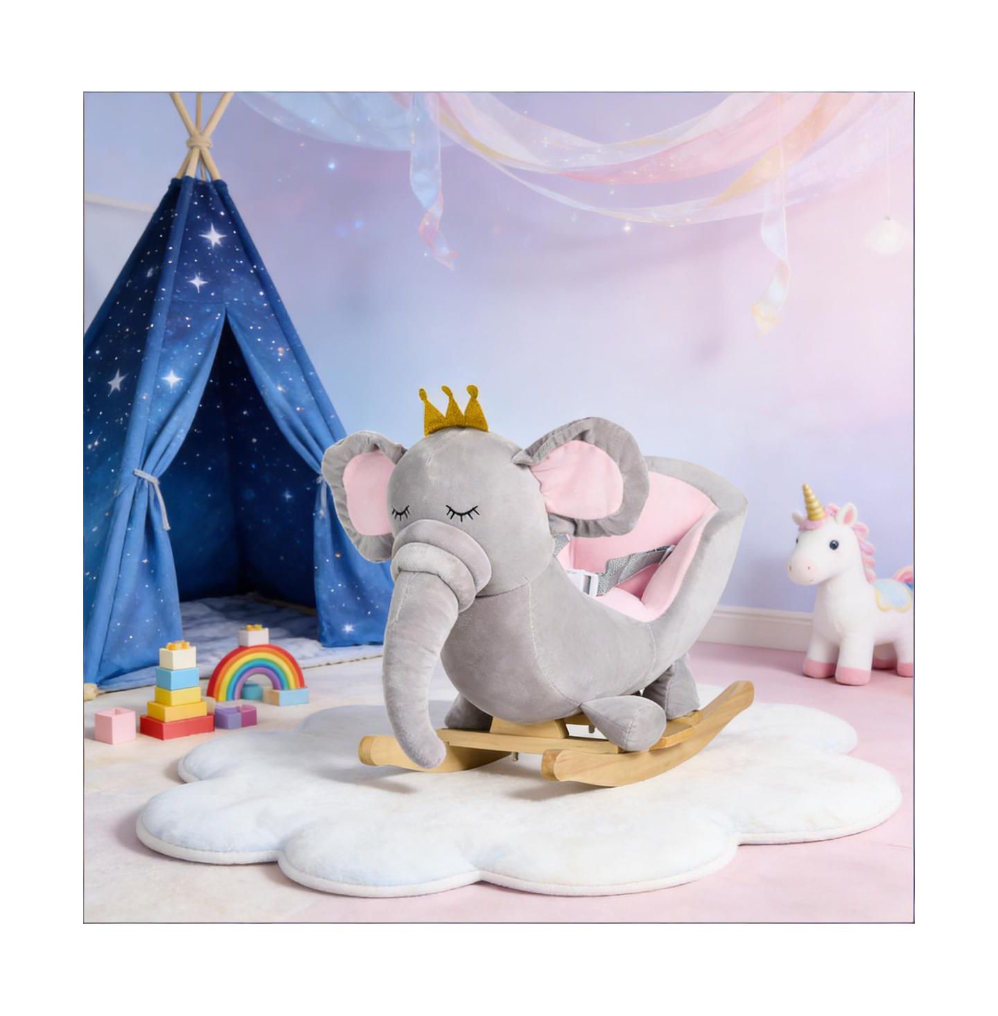 Детские мягкие игрушки YOBTOP Elephant Rocking Chair - Toddler Plush Rocker with Sound Effects, Safety Belt, Sturdy Frame, цвет: Серебряный серый — фото 2
