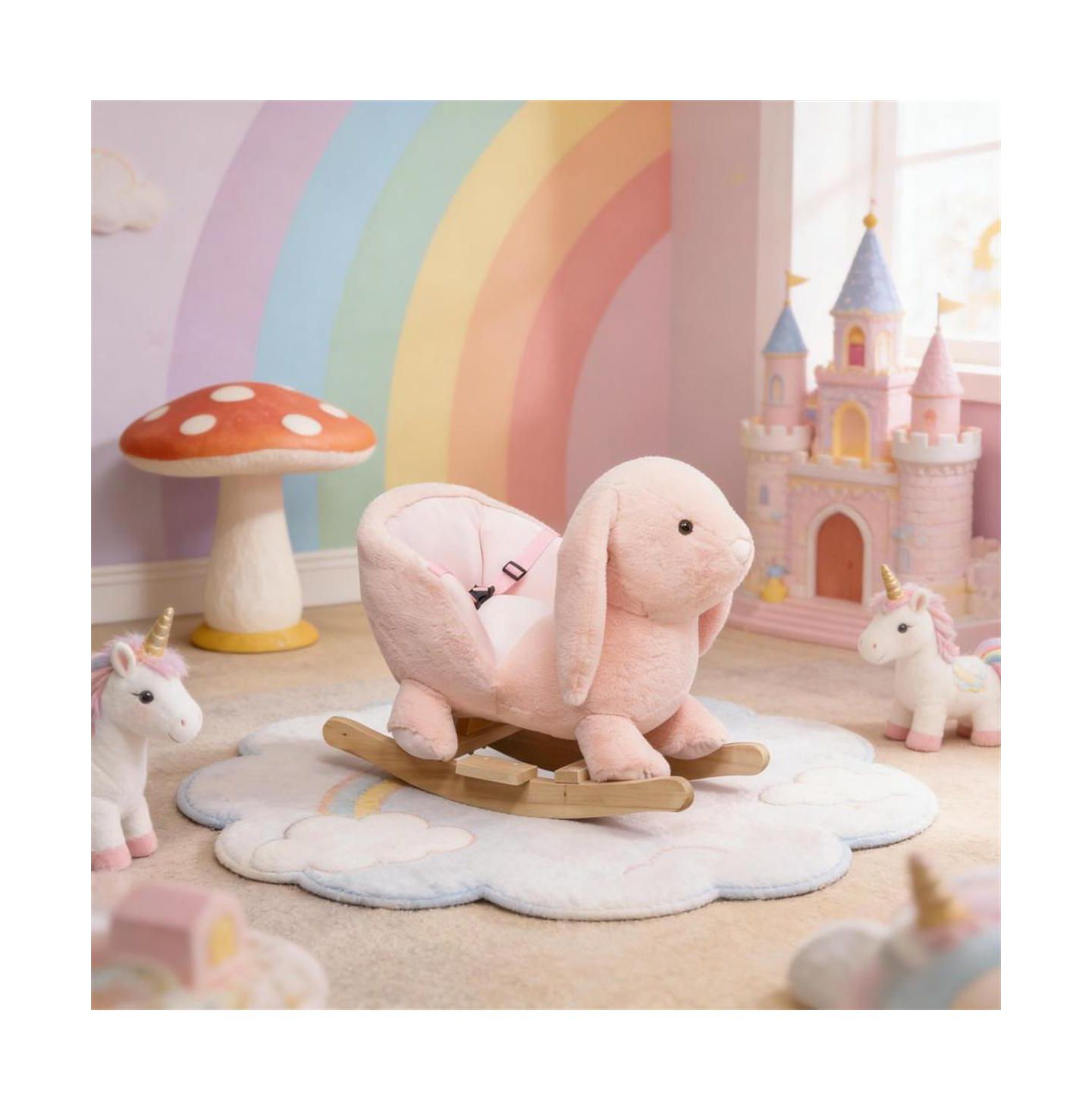 Детские мягкие игрушки YOBTOP Bunny Rocking Horse - Rabbit Wooden Plush Ride-on Toy with Sound Button, Seat Belt and Handlebars, Solid Steel Frame, цвет: Розовый — фото 2
