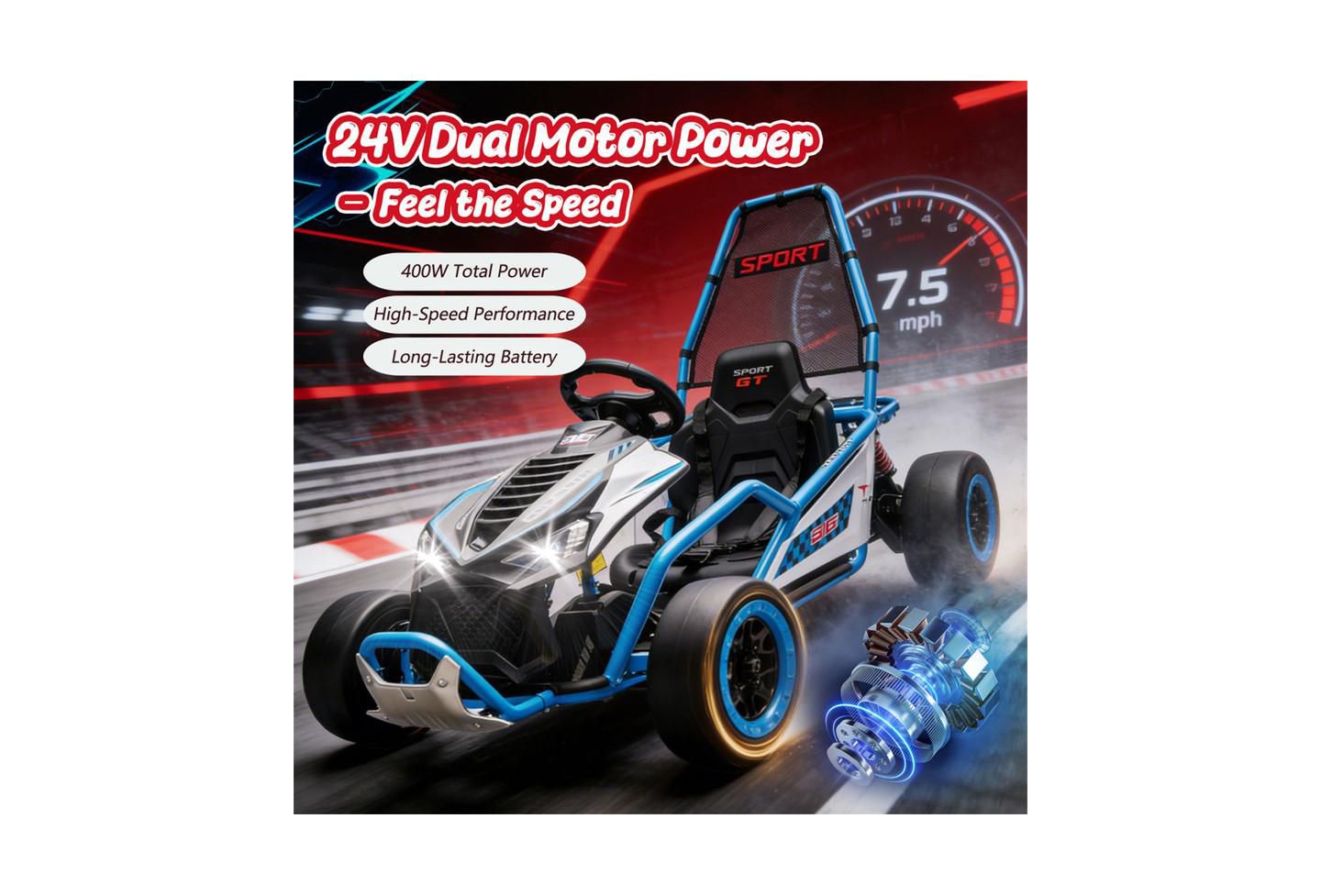 Детская игрушка YOBTOP 24V Kids Drift Go Kart with Roll Cage, 110 lbs Capacity, от 6 лет, цвет: Синий — фото 4