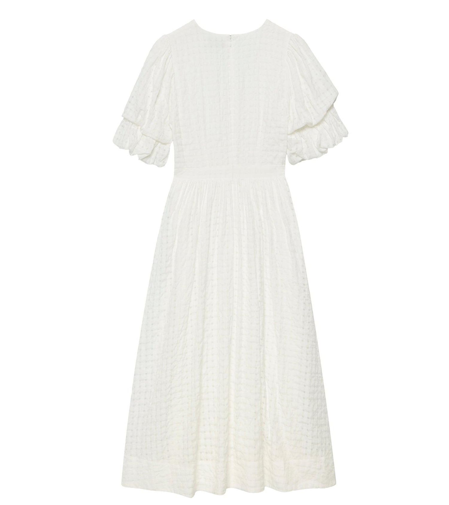 Women's Checked Puff-Sleeve V-Neck Midi Dress