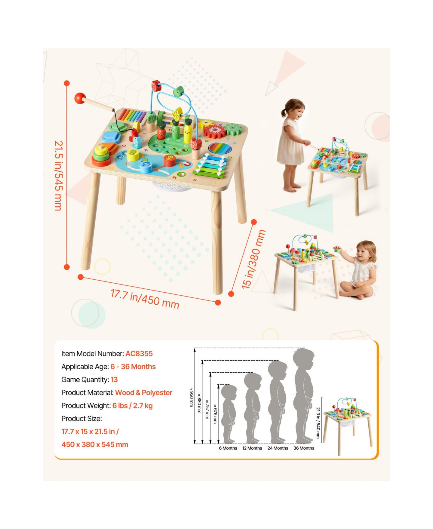 Детские игрушки SUGIFT 13-in-1 Wooden Montessori Activity Table Develops Fine Motor Skills, Ages 6+ Months, цвет: Натуральный — фото 8