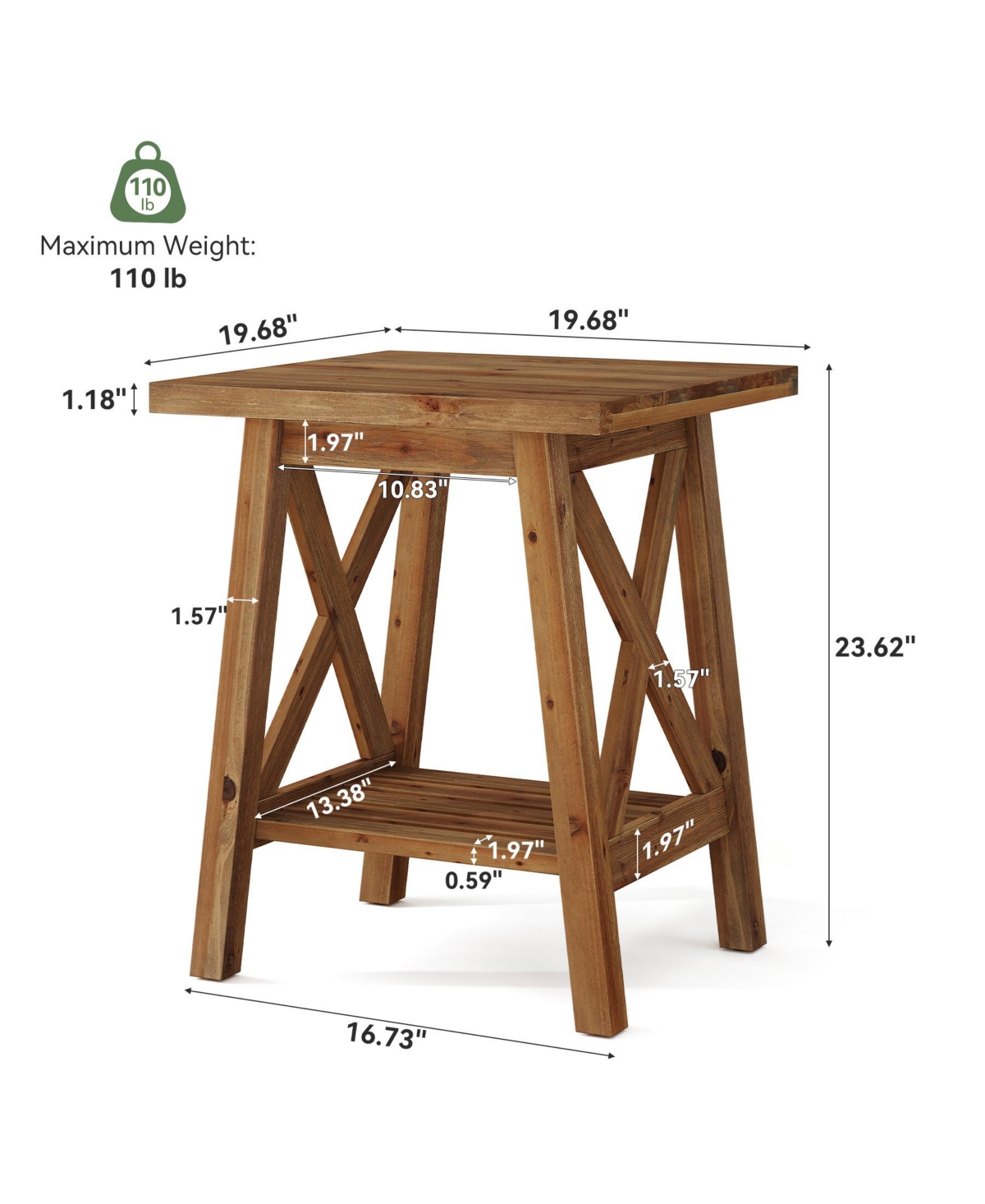 Tribesigns Solid Wood End Table, Square Side Table,2-Tier,Farmhouse