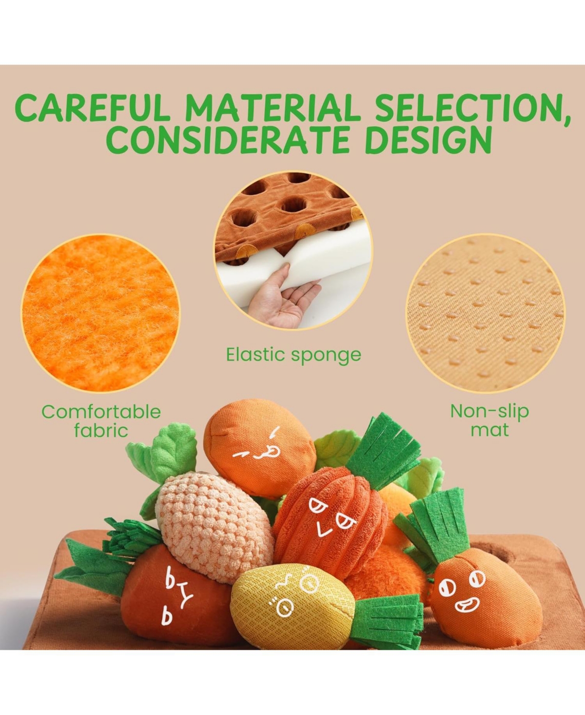 Nocciola 12 Pack Carrot Field Snuffle Dog Toys, Various-Fabric Squeaky Carrots with Hide and Seek Treat-Hiding Plush Mat