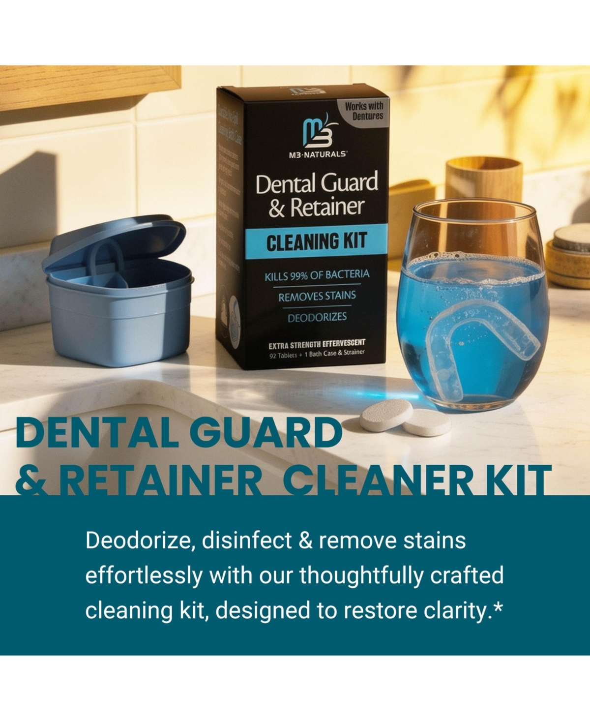 M3 Retainer Cleaner Tablets and Denture Bath Case Set 92 Cleaning Tablets with Soak Container, Strainer Basket and Storage Case