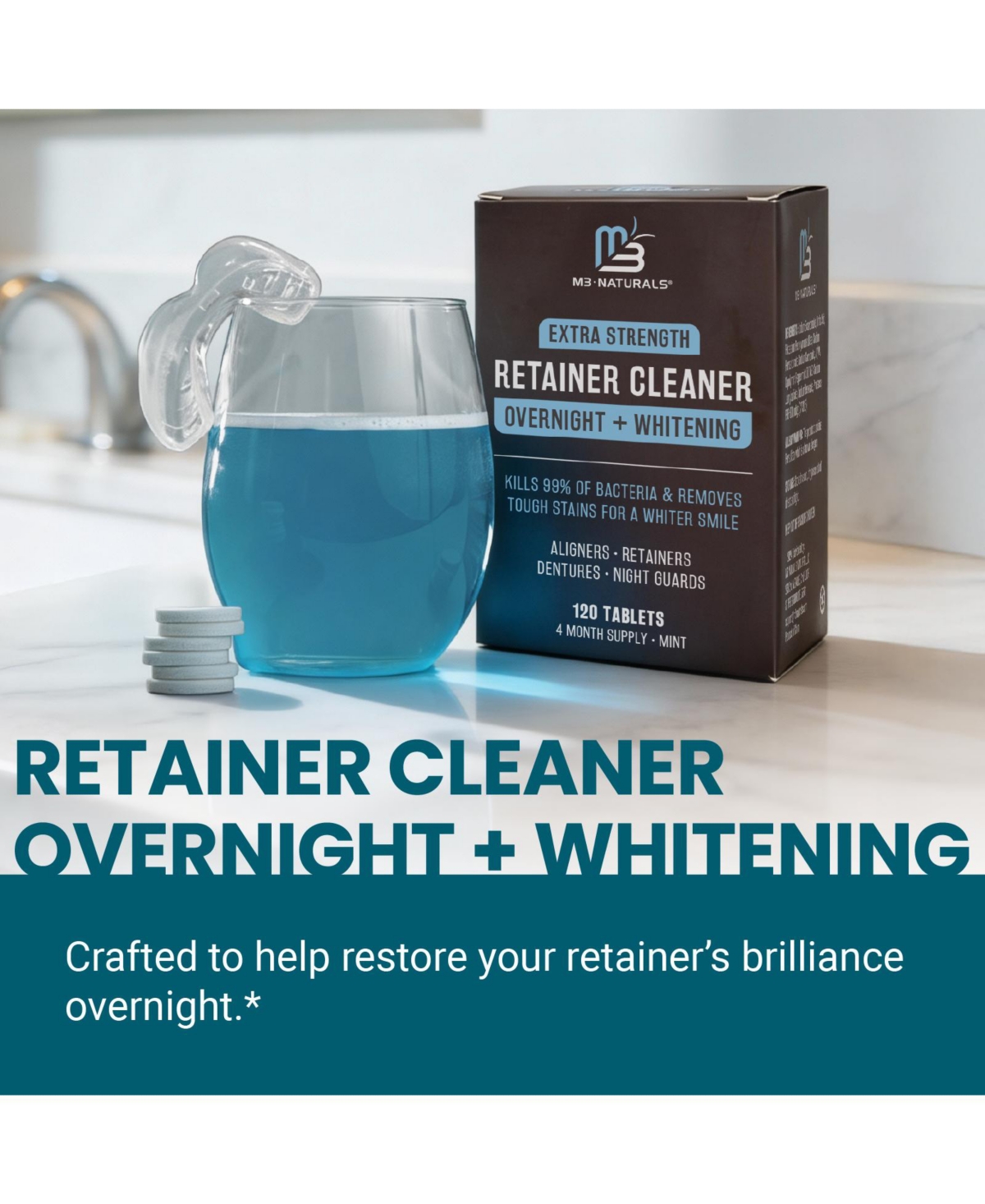 M3 Overnight Retainer Cleaner Tablets with Whitening Formula Dental Appliance Cleaning Tablets 120 Count