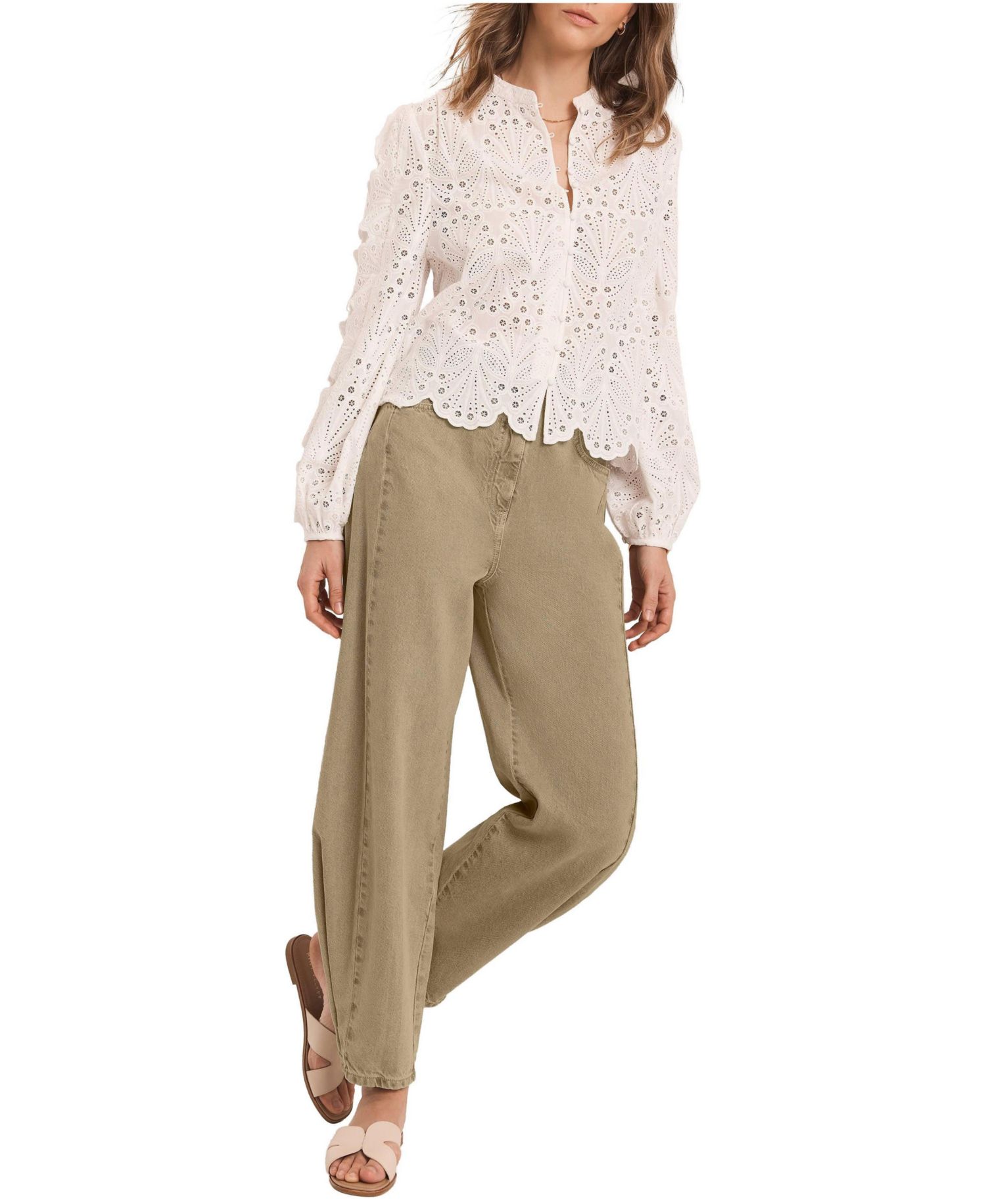 Women's Broderie Anglaise V-Neck Scalloped-Hem Blouse