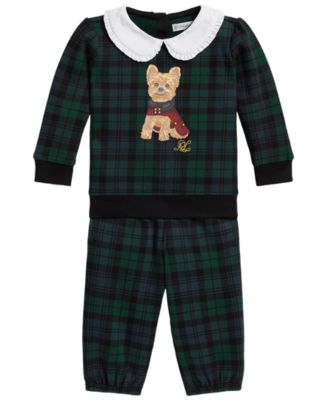 Baby Girls' Dog-Print Plaid Fleece Sweatshirt and Pants, 2-Piece Set