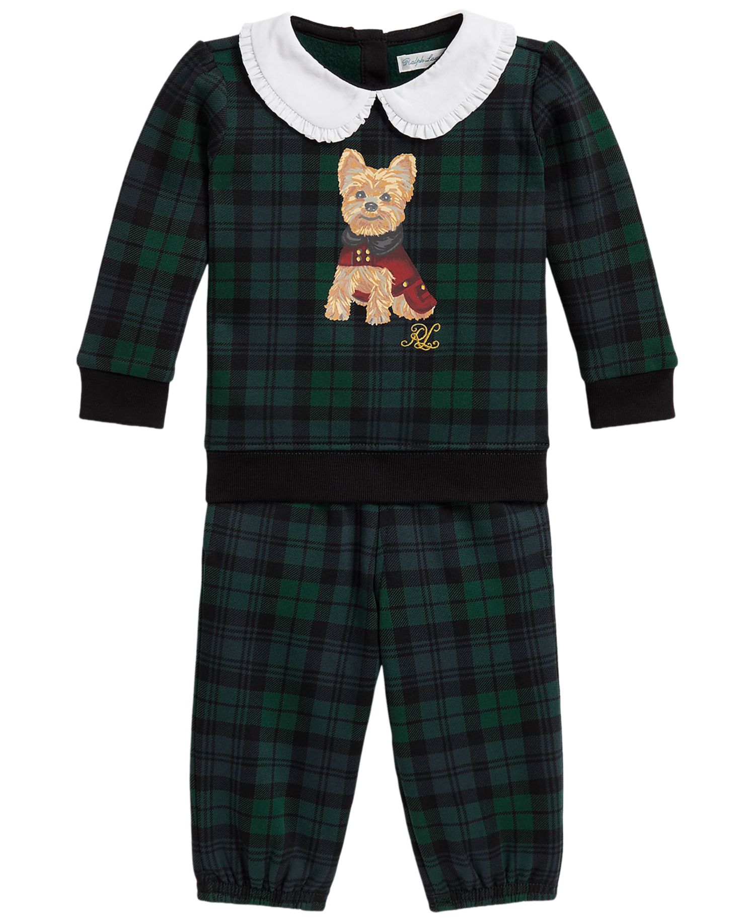 Baby Girls' Dog-Print Plaid Fleece Sweatshirt and Pants, 2-Piece Set