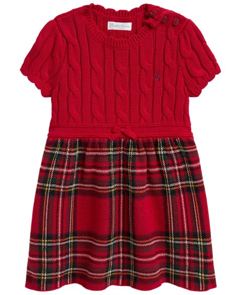 Платье Polo Ralph Lauren Plaid-Skirt Cable Sweater Dress для девочек-малышей, цвет: Красный