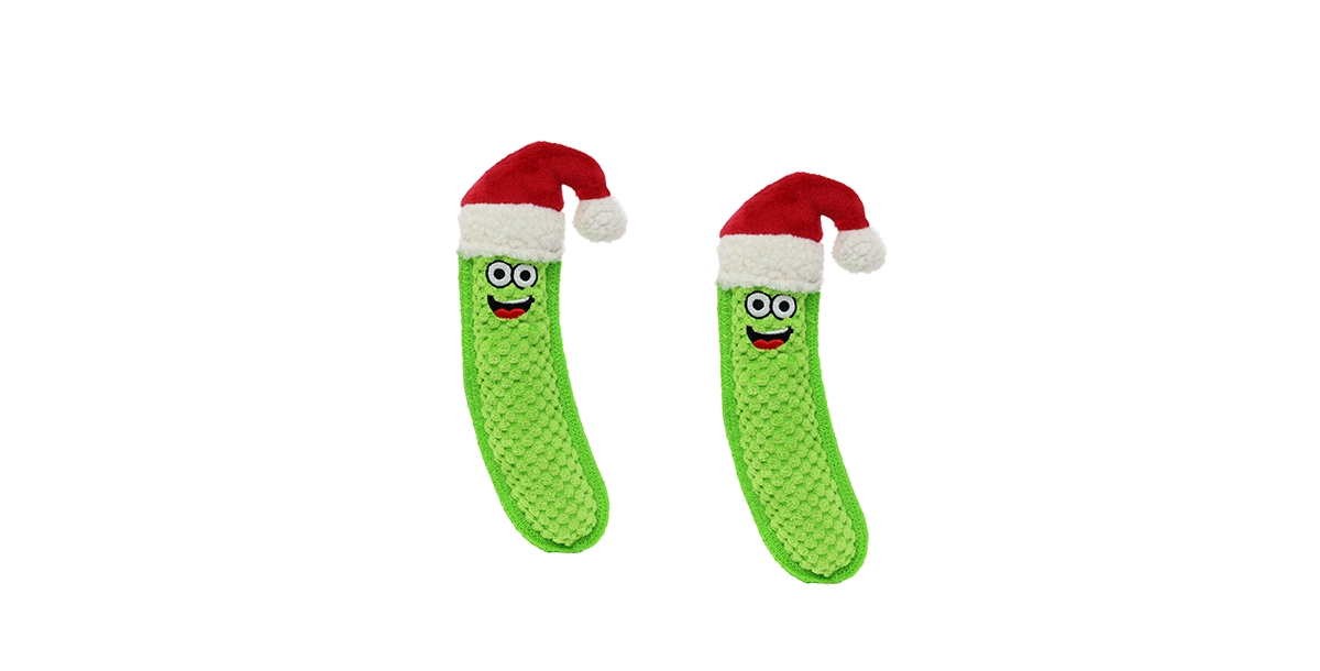 Tuffy Funny Food Holiday Pickle with Santa Hat 2 Pack, Durable Plush Squeaky Dog Toy