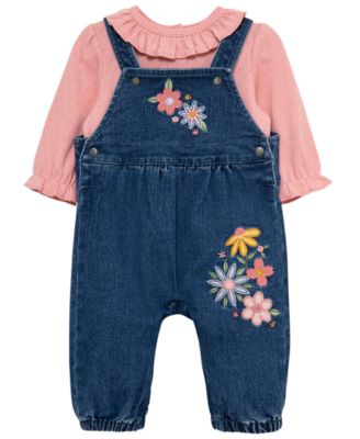 Baby Girls' Round Neck Top and Flowers Overall, 2-Piece Set