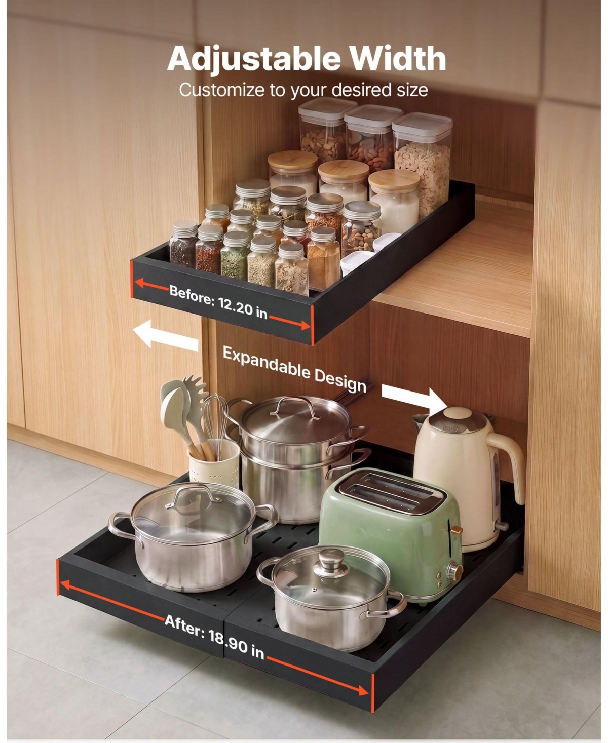 Sugift 2-Pack Pull Out Cabinet Organizer Expandable 12.2in-18.9in Width 20.47in Deep Sliding Drawers
