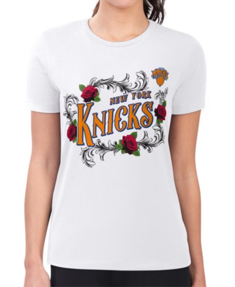 Женская футболка G-III 4Her by Carl Banks White New York Knicks Super-Slim Fit Lightweight Roses Crew Neck