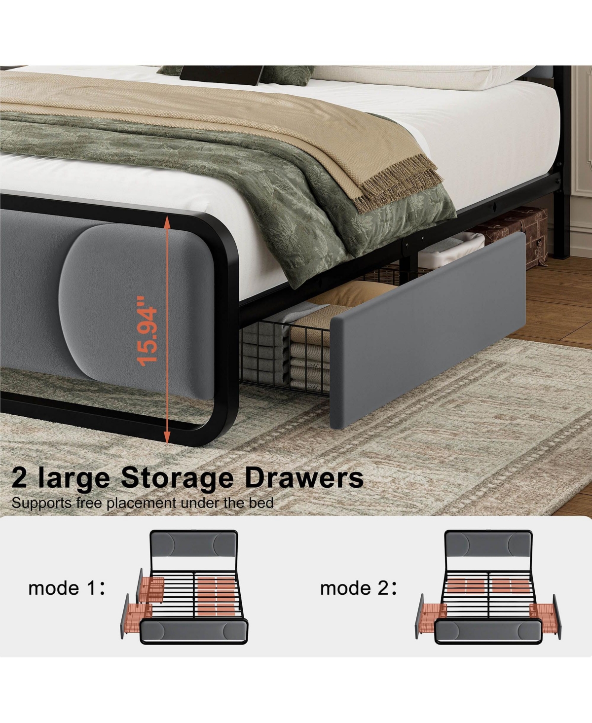 Hausource Curved Tufted Velvet Platform Bed, 4-Position Movable Drawers, Bedside Charging Station