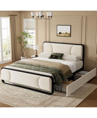 Curved Tufted Velvet Platform Bed, 4-Way Placeable Underbed Drawers, Bedside Charging Station, No Box Spring Needed