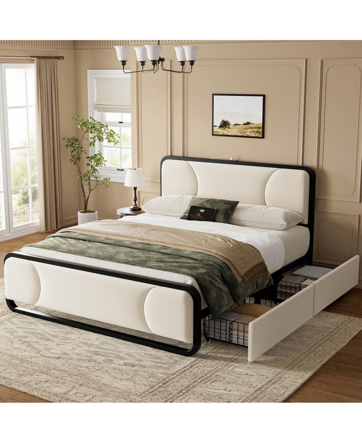 Hausource Curved Tufted Velvet Platform Bed, 4-Way Placeable Underbed Drawers, Bedside Charging Station