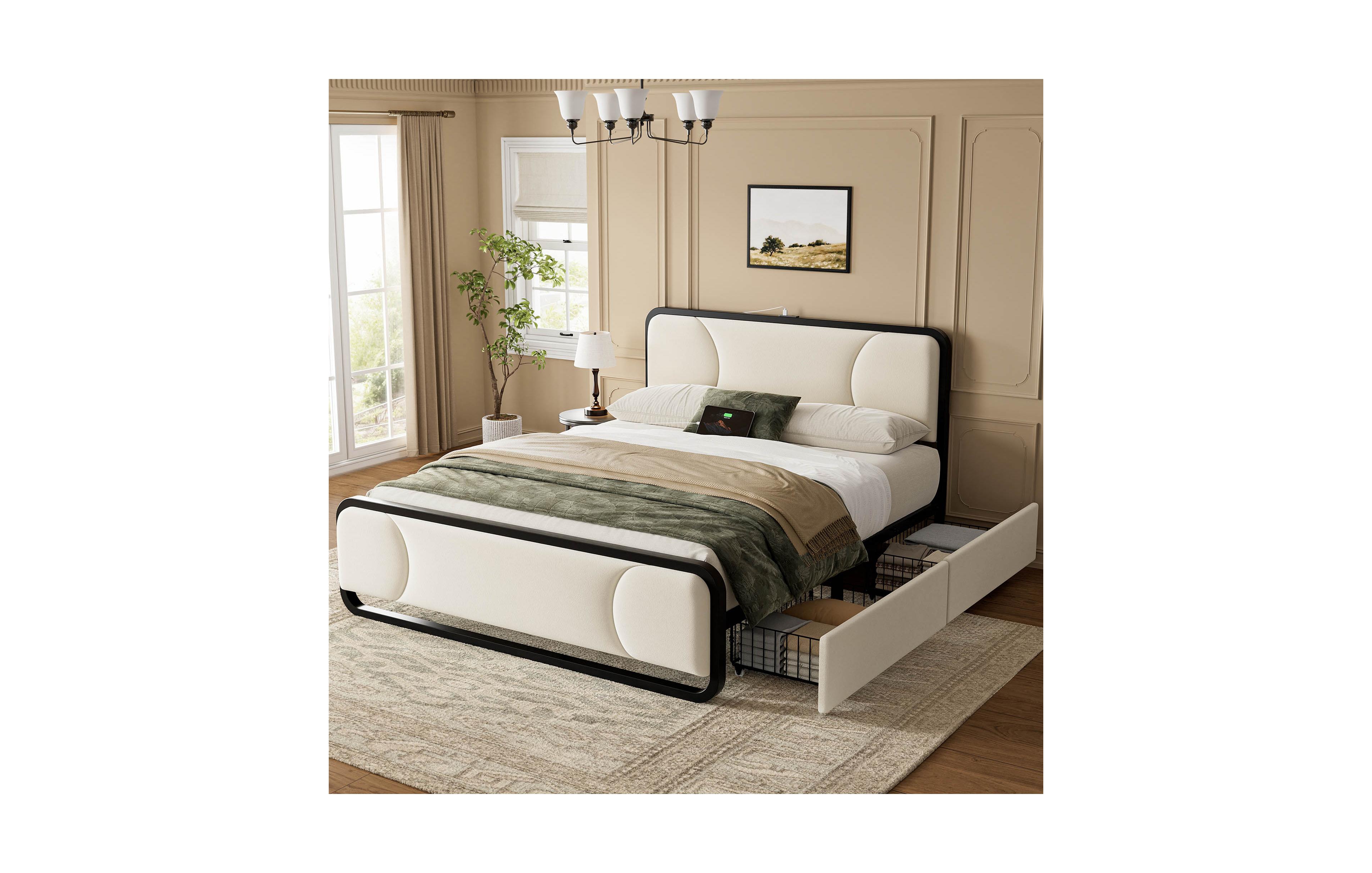 Hausource Curved Tufted Velvet Platform Bed, 4-Way Placeable Underbed Drawers, Bedside Charging Station