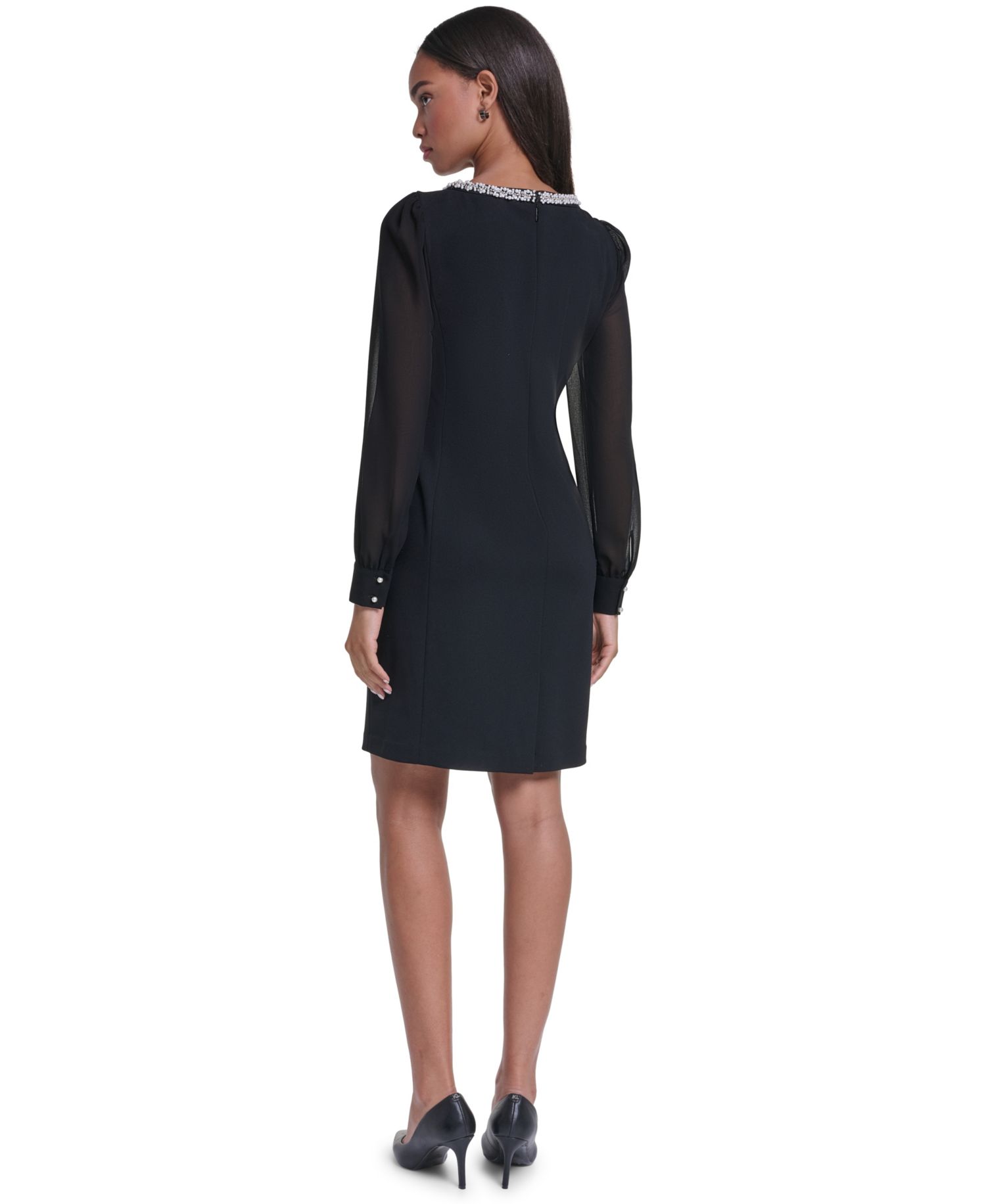 Women's Scuba Crepe Long-Sleeve Embellished Crewneck Sheath Dress