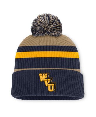 Men's and Women's Navy/Beige West Virginia Mountaineers Legacy Striped Cuffed Knit Hat with Pom