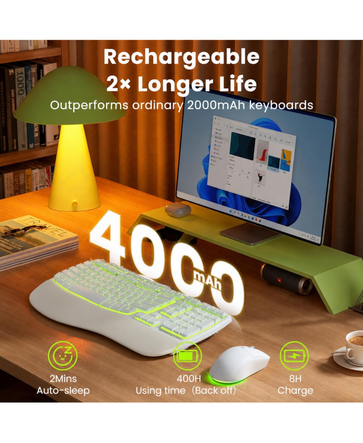 Lofree Wireless Keyboard Mouse Combo Rechargeable 4000mAh Faux Lambskin Palm Rest Backlit Ergonomic