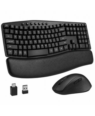 Wireless Keyboard Mouse Set Quiet Ergonomic Wave Design Leather Wrist Rest Productivity Shortcuts
