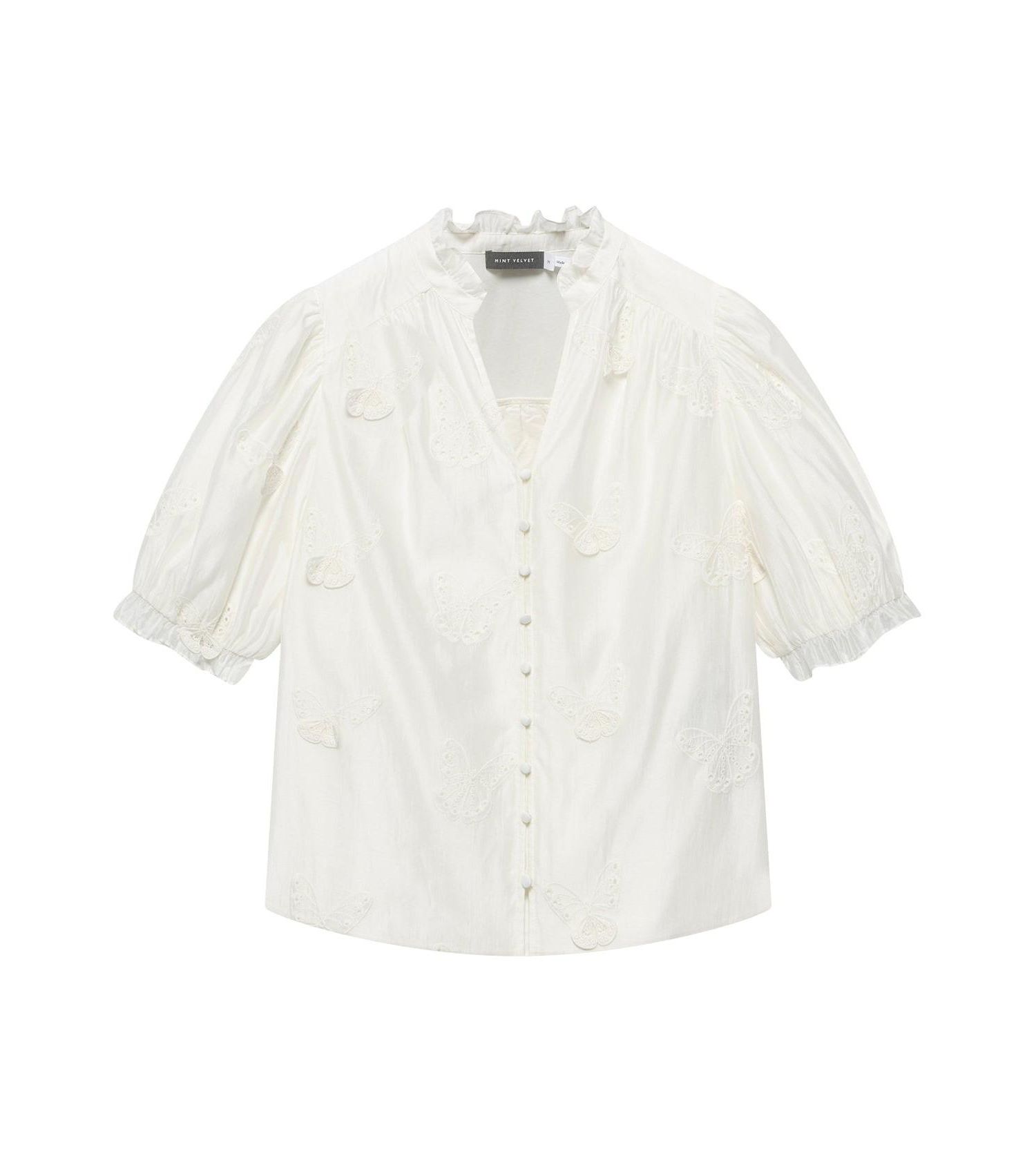 Women's Short-Puff-Sleeve V-Neck Applique Butterfly Blouse