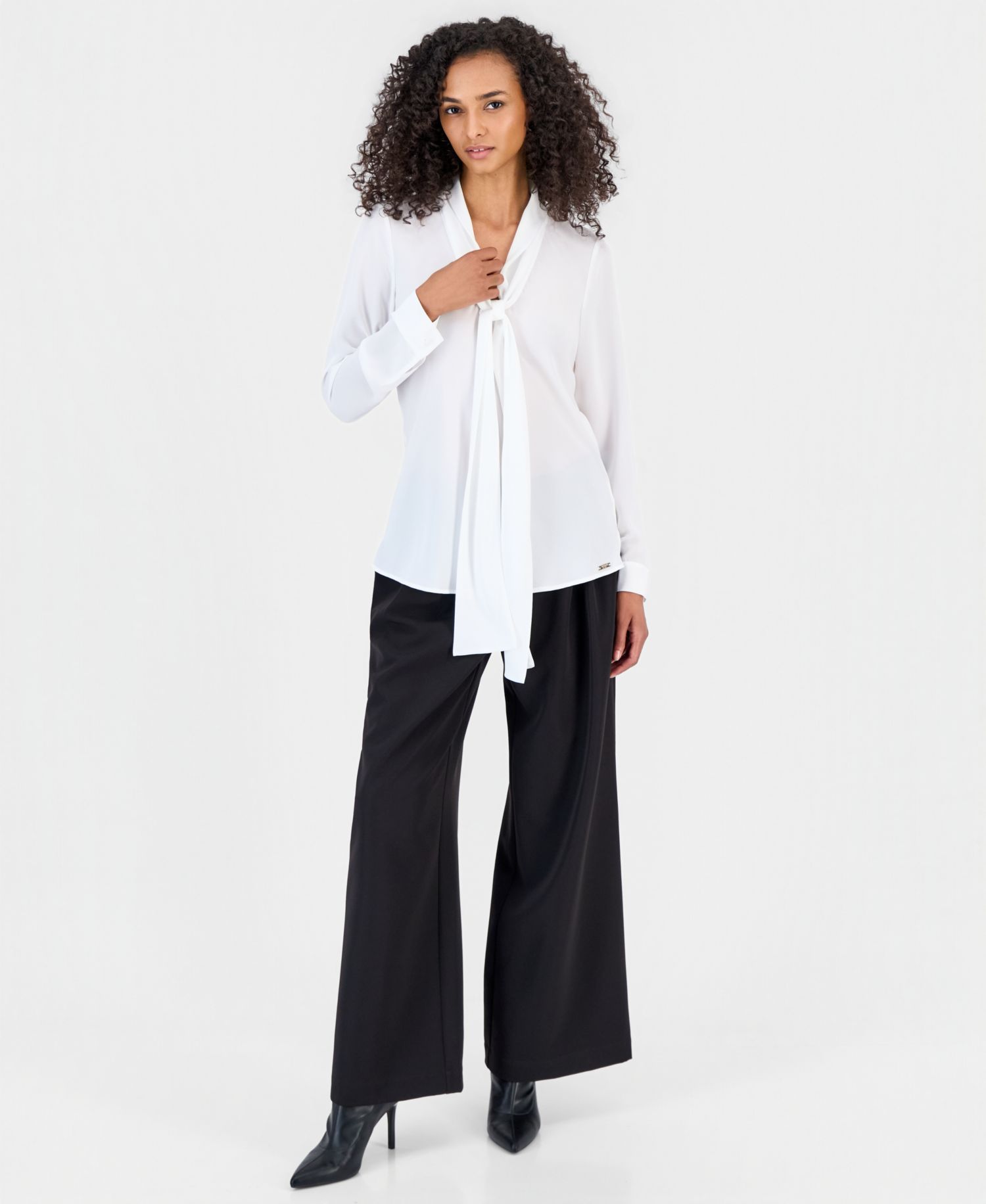 ASL Petite Tie-Front V-Neck Long-Sleeve Blouse