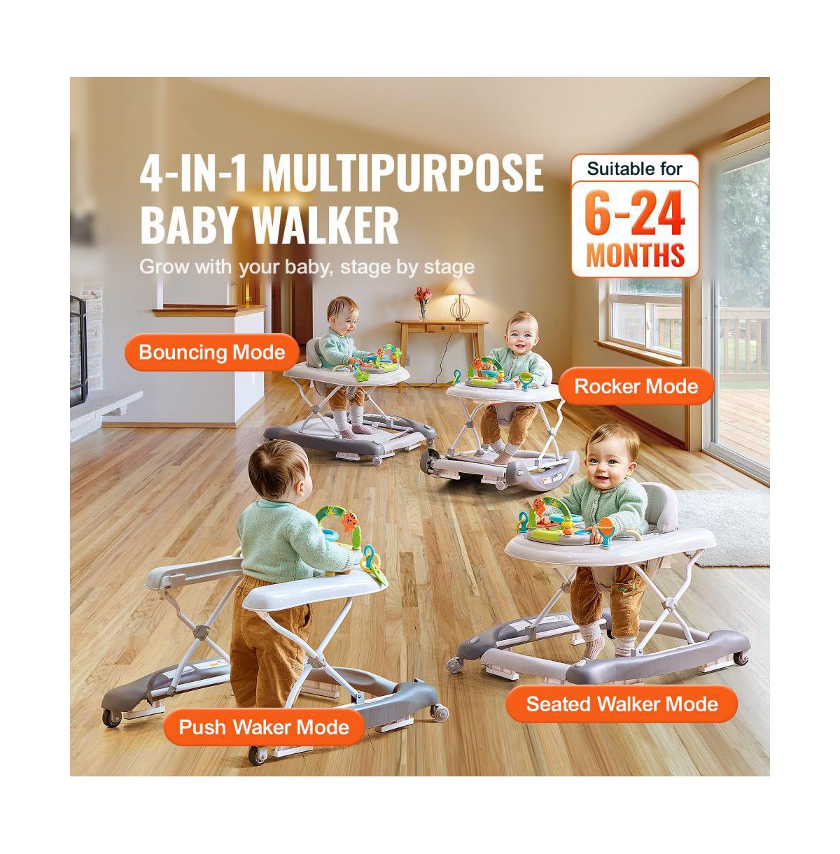 Slickblue 4-in-1 Baby Activity Walker with Toys and Music, Foldable Learning Walker, Walk-Behind Design