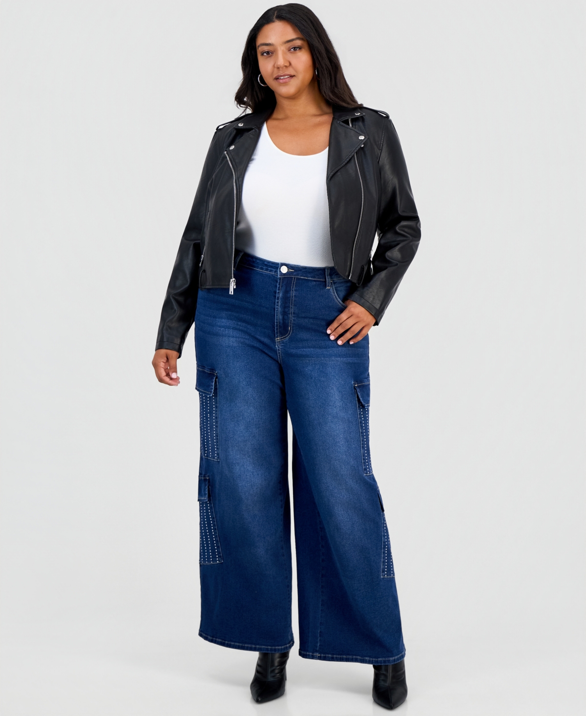 Madden Girl Plus Size Ultra '90s High-Rise Rhinestone-Pinstripe Wide-Leg Denim Pants - As Is