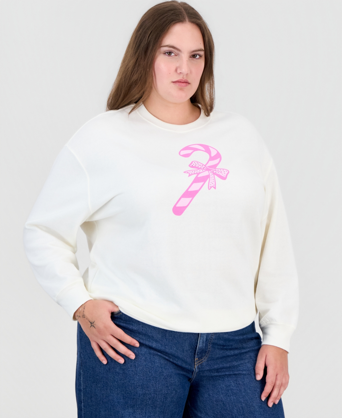 Rebellious One Plus Size Holiday Candy Cane Graphic Pullover - Egret