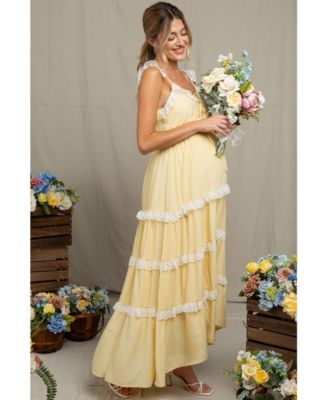 Women's Yellow Lace Trim Tiered Maxi Dress